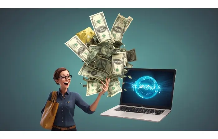 Financial Transaction Concept Girl with a Laptop and Cash 3D Illustration