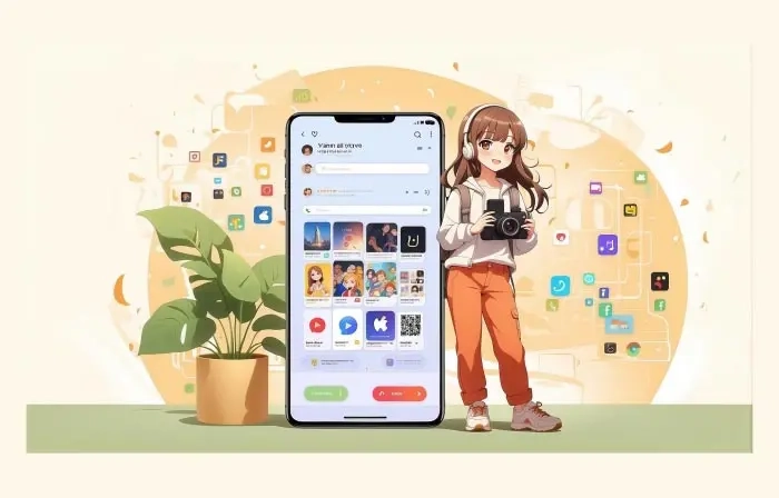 Flat 2D Character Girl Using a Smartphone Vector Illustration