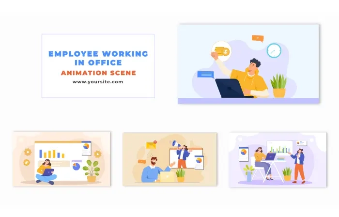 Flat 2D Character Performing Tasks at the Office Animation Scene