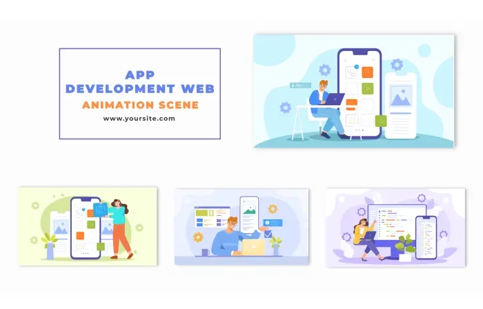 Flat 2D Character Web App Development Animation Scene