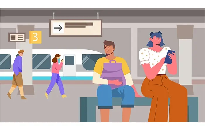 Flat 2D Illustration of People Waiting at Metro Station