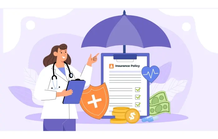 Flat 2D Vector Doctor with Insurance Policy Illustration