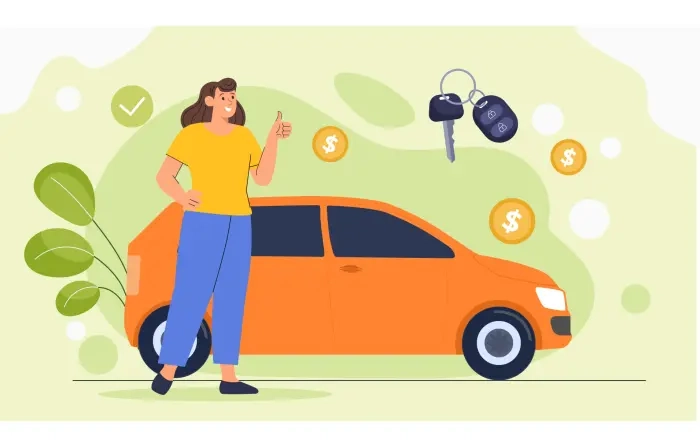Flat Art Illustration of Woman with Her Newly Bought Car