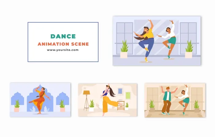 Flat Character Animation Scene Showcasing Classic and Western Dance