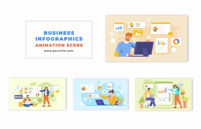 Flat Character Design Animation Scene with Business Infographics