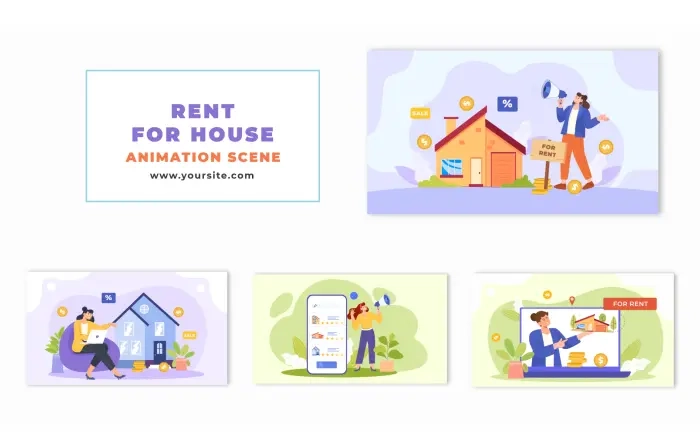 Flat Character Design House Rental Advertisements Animation Scene
