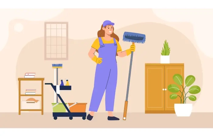 Flat Character Design Housekeeping Cleaner Services Illustration image