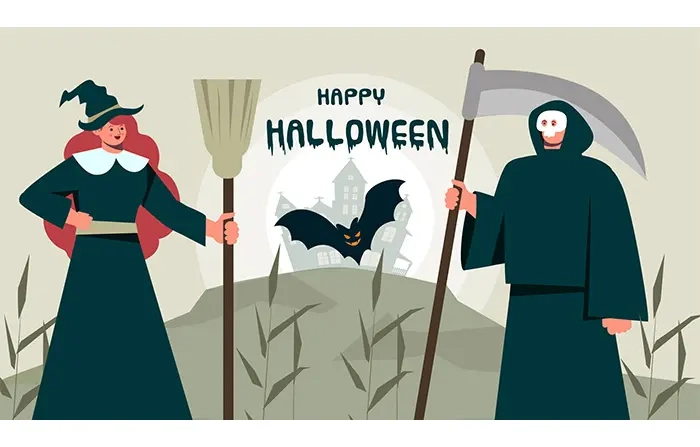 Flat Character Design Illustration of Witch and Death Costume
