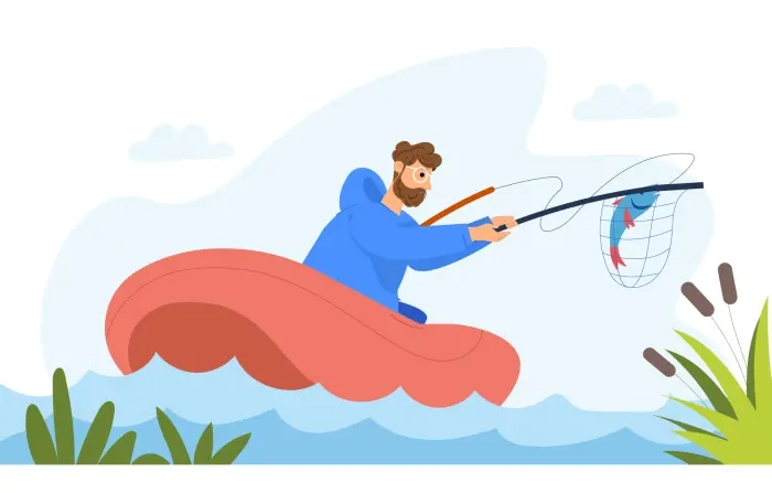 Flat Character Design Man Fishing Net 2D Vector Illustration