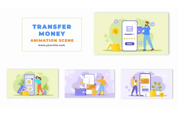Flat Character Design Online Money Transfer Animation Scene