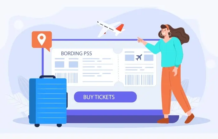 Flat Character Flight Ticket Booking Online Illustration