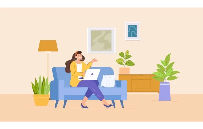 Flat Character Girl with Laptop Relaxation at Home Illustration image