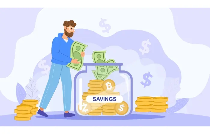 Flat Character Man Saving Money and Gold Coin Illustration image