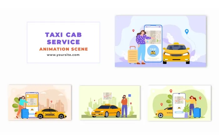 Flat Design 2D Cartoon Taxi Cab Service Animation Scene