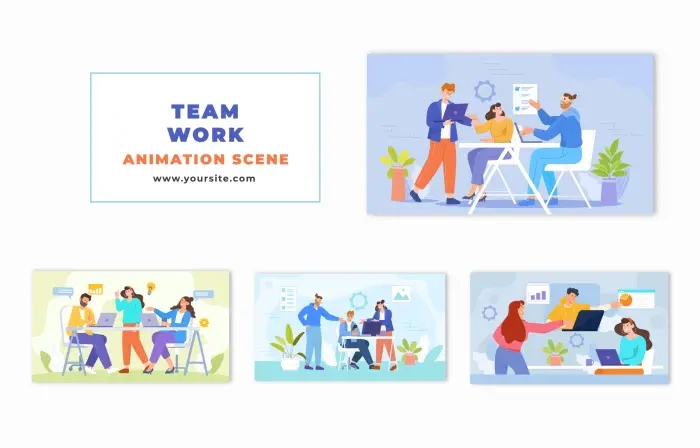 Flat Design Animation Scene of Teamwork in the Office