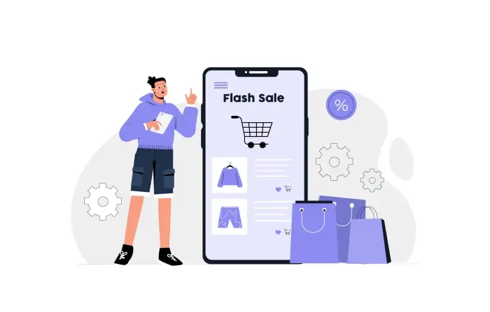 Flat Design Illustration of Flash Sale Event Boy Shopping Online image