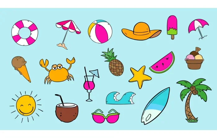 Flat Design Summer Doodles Sticker Elements
