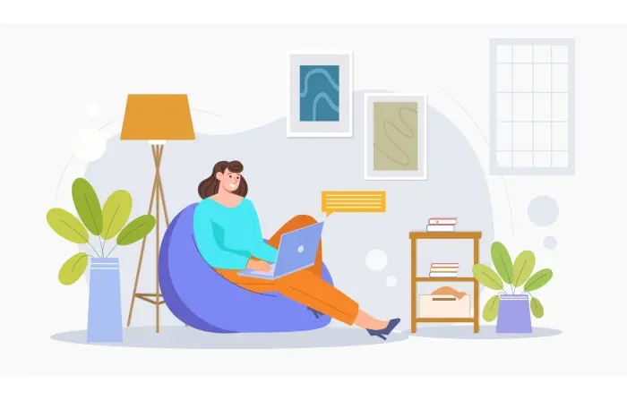 Flat Design of Girl Working Remotely with Laptop Illustration
