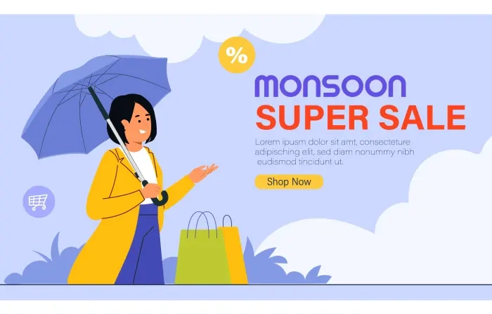 Flat Monsoon Season Sale Banner Template with Girl Character Illustration