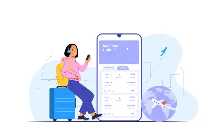 Flight Tickets Online Booking Gril Using Mobile Illustration