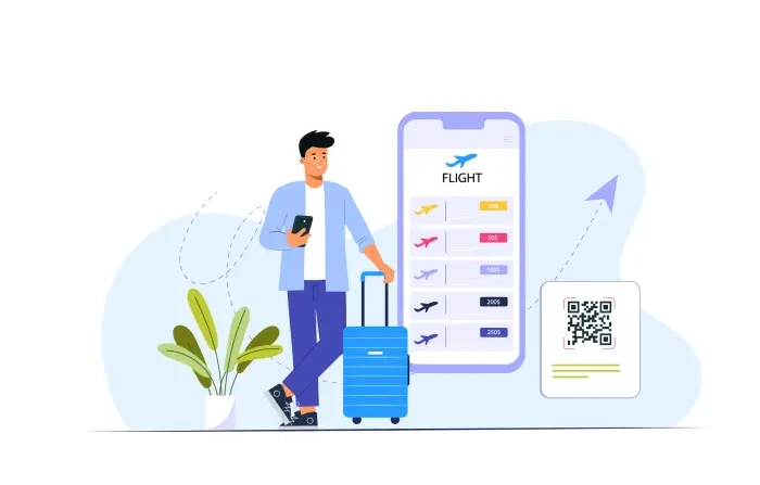 Flight Tickets Online Booking Man Using Mobile Illustration image