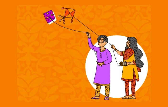 Flying High On Makar Sankranti Illustration Of A Boy and A Girl With Their Kites
