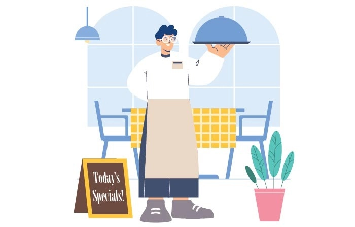 Get Creative And Eye Catching Character Hotel Waiter Illustration