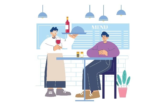 Get The Creative 2D Waiter And Customer Character Illustration