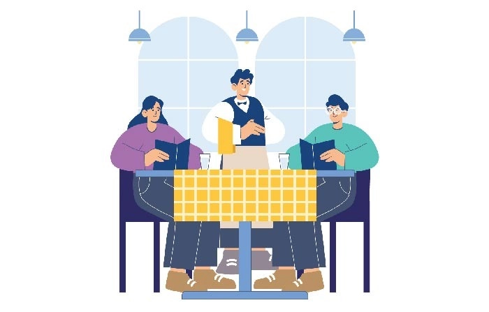 Get The Creative Flat Character Illustration Of Waiter And Customers