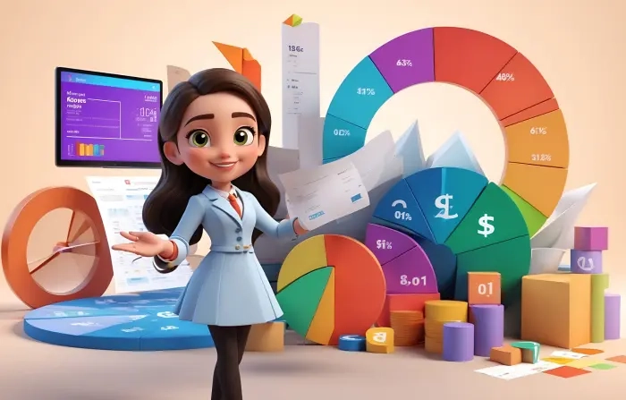 Girl Analyzing Financial Data with Business Infographics 3D Character Illustration