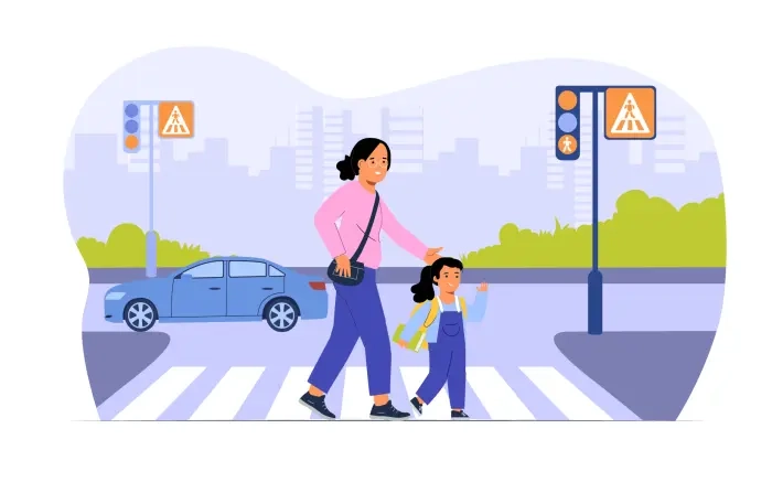 Girl Crossing Road with Her Mom Illustration