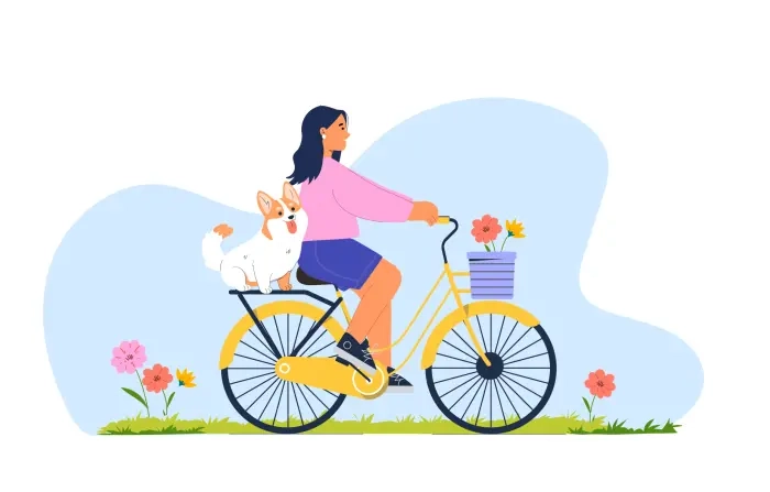 Girl Cycling with Pet Flat Character Illustration