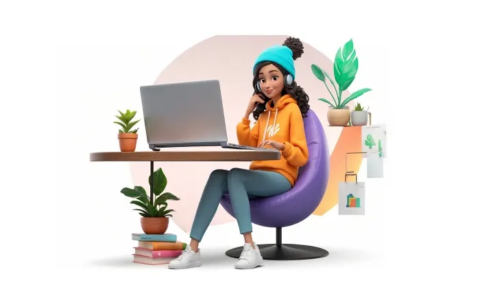 Girl Doing Work from Home 3D Design Character Illustration image