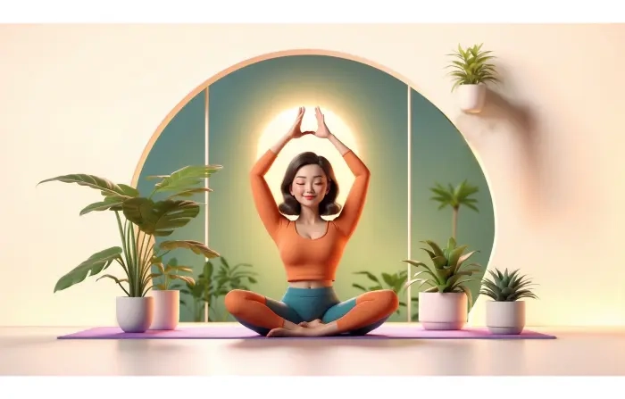 Girl Doing Yoga at Home 3D Picture with Cartoon Style Illustration