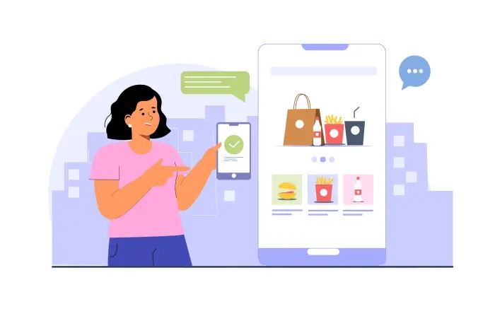 Girl Ordering Food Online Vector Illustration