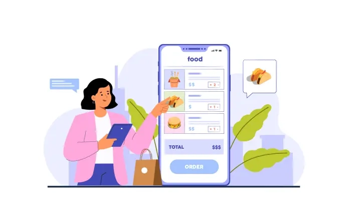 Girl Ordering Food Online on Mobile Vector Illustration