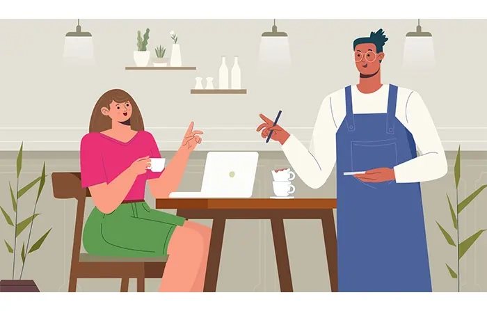 Girl Ordering to the Waiter in a Cafe Stock Illustration image