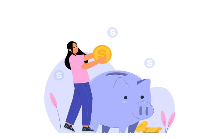 Girl Saving Money In Piggy Bank Vector Illustration