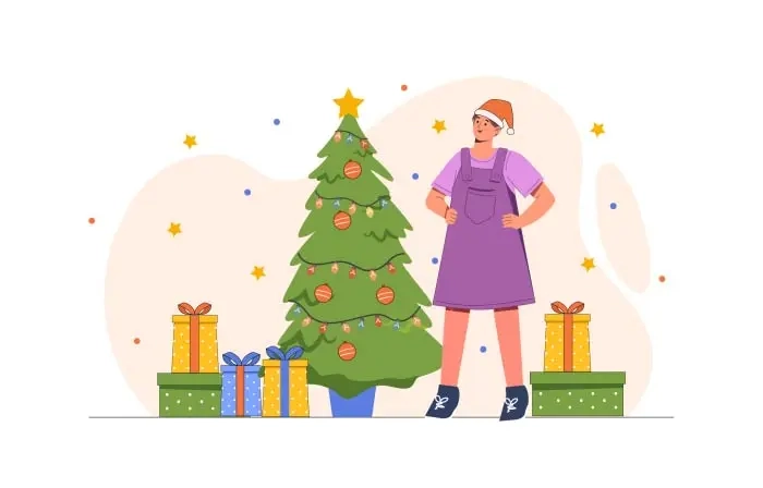 Girl Standing Front of Christmas Tree Flat 2D Illustration
