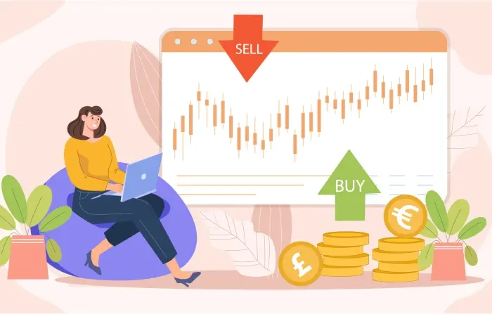 Girl Tracking Stocks for Buy and Sale Character Illustration image