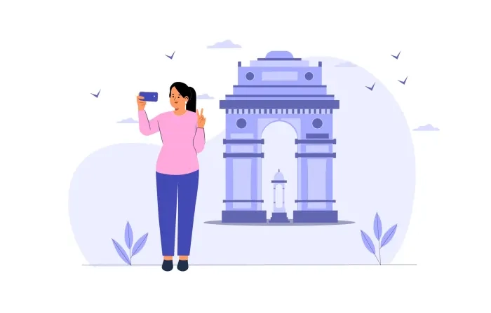 Girl Traveling in India and Taking Photo Vector Illustration image