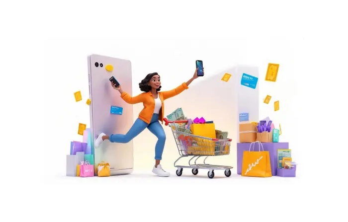 Girl Using Mobile for Online Shopping 3D Character Design Illustration