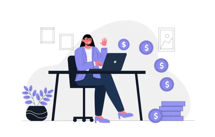 Girl Working at Desk with Laptop Earning Money Online Vector Illustration
