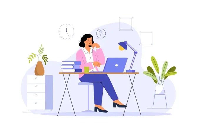 Girl Working at Office Vector Illustration