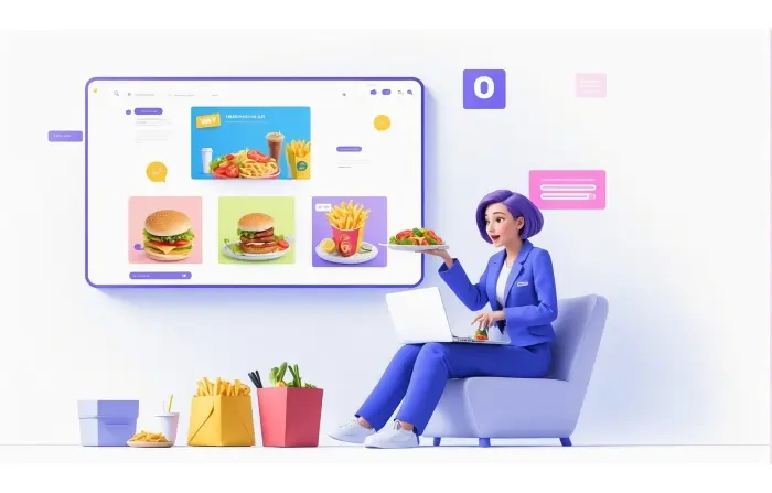 Girl with Laptop Online Food Order 3D Design Character Illustration image
