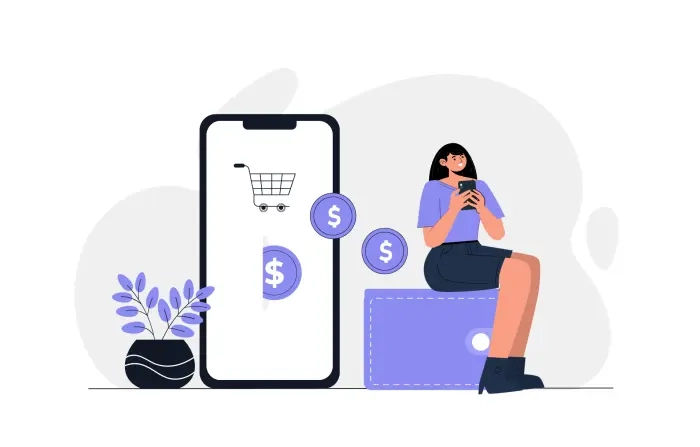 Girl with a Mobile Earning Money Online Flat Vector Illustration Template