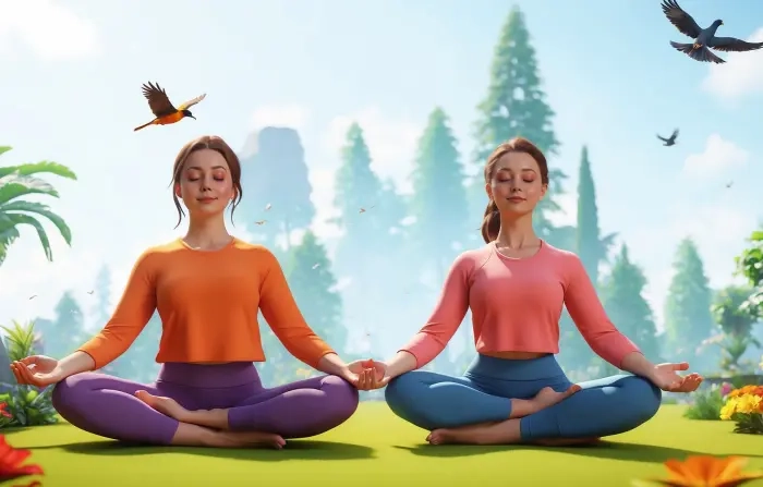 Girls Doing Yoga in Garden 3D Style Design Illustration