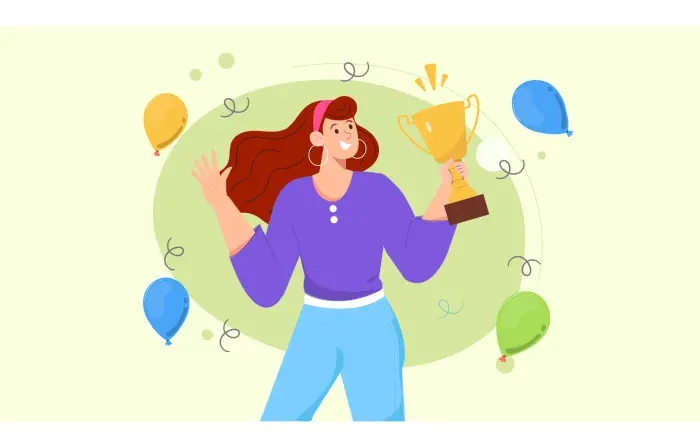 Goal Achieved Girl with Trophy Flat Character Illustration