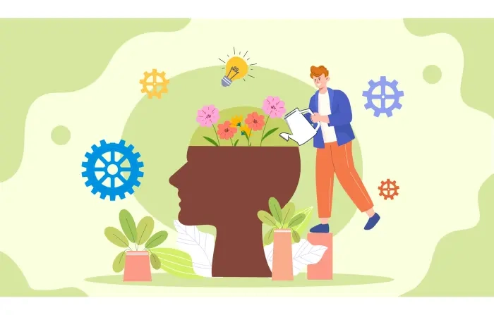 Growing Mind Concept Boy Watring Plant Vector Character Illustration