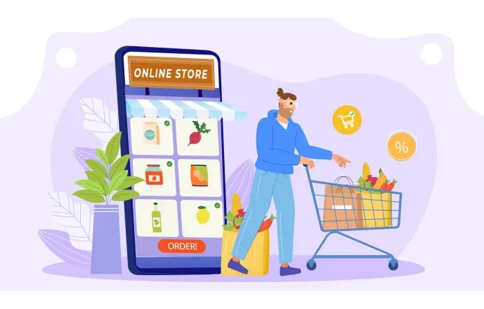 Guy and Online Grocery Ordering Concept Illustration